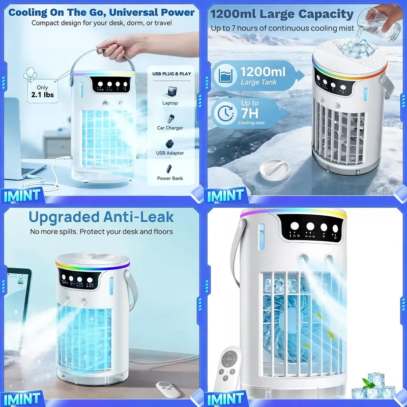 Air Conditioners - พัดลมแอร์พกพา, เครื่องทำความเย็นแบบระเหยส่วนบุคคล 1200 มล. พร้อมถังเก็บน้ำ, พัดลมทำความเย็นด้วยน้ำแข็ง,