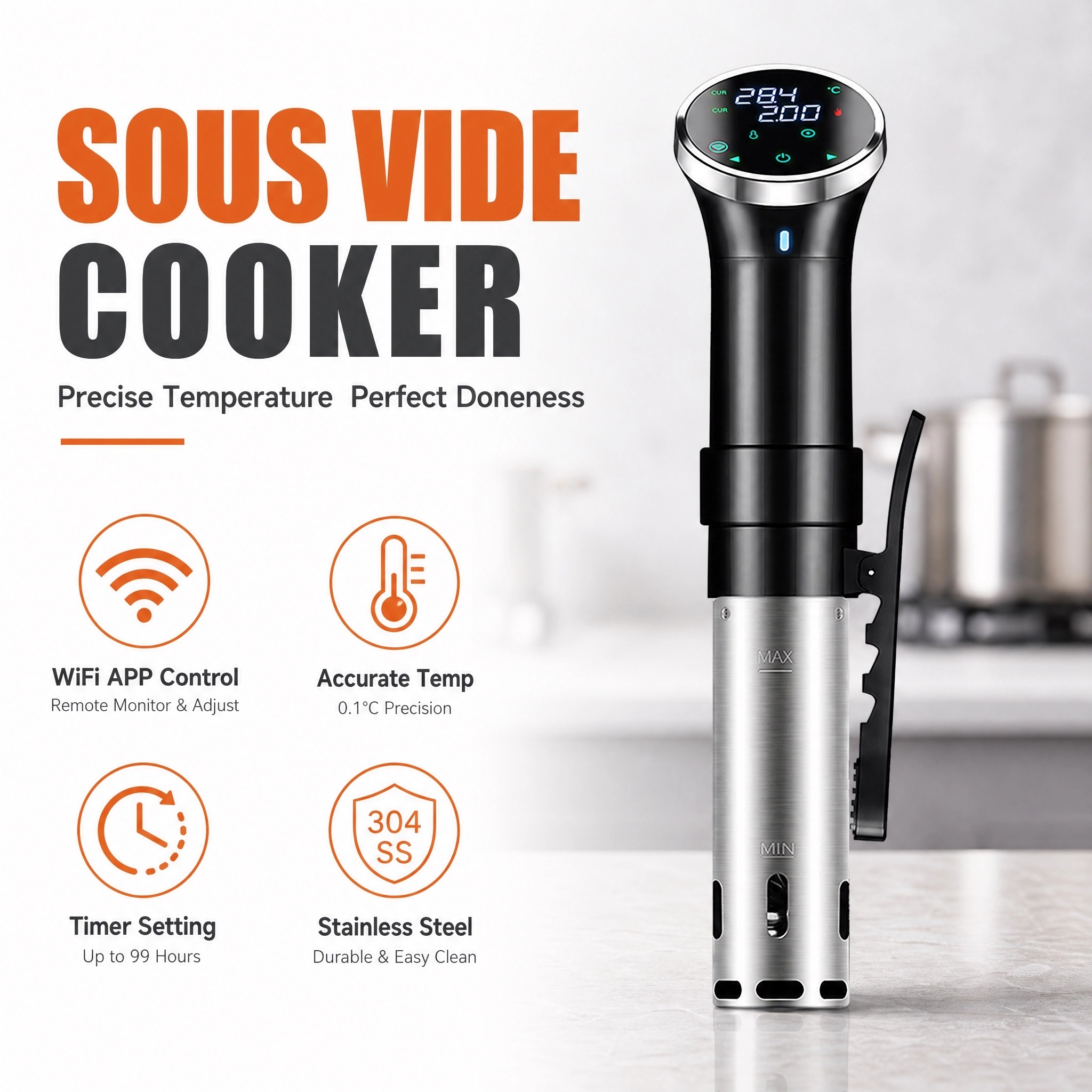 Digital Sous Vide Precision Cooker - เครื่องทำอาหารซูวีดแบบดิจิตอลพร้อมระบบ WiFi, ฮีตเตอร์แบบจุ่ม 1100 วัตต์ พร้อมฟังก์ชันละลายน้ำแข็งสำหรับสเต็กและชุดเครื่องทำซูวีด