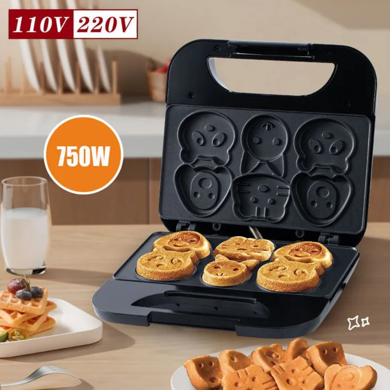Mini Waffle Maker Machine - เครื่องทำบิสกิตการ์ตูนสำหรับใช้ในบ้าน US 110V เครื่องทำโดนัทสีดำ 7 หลุม